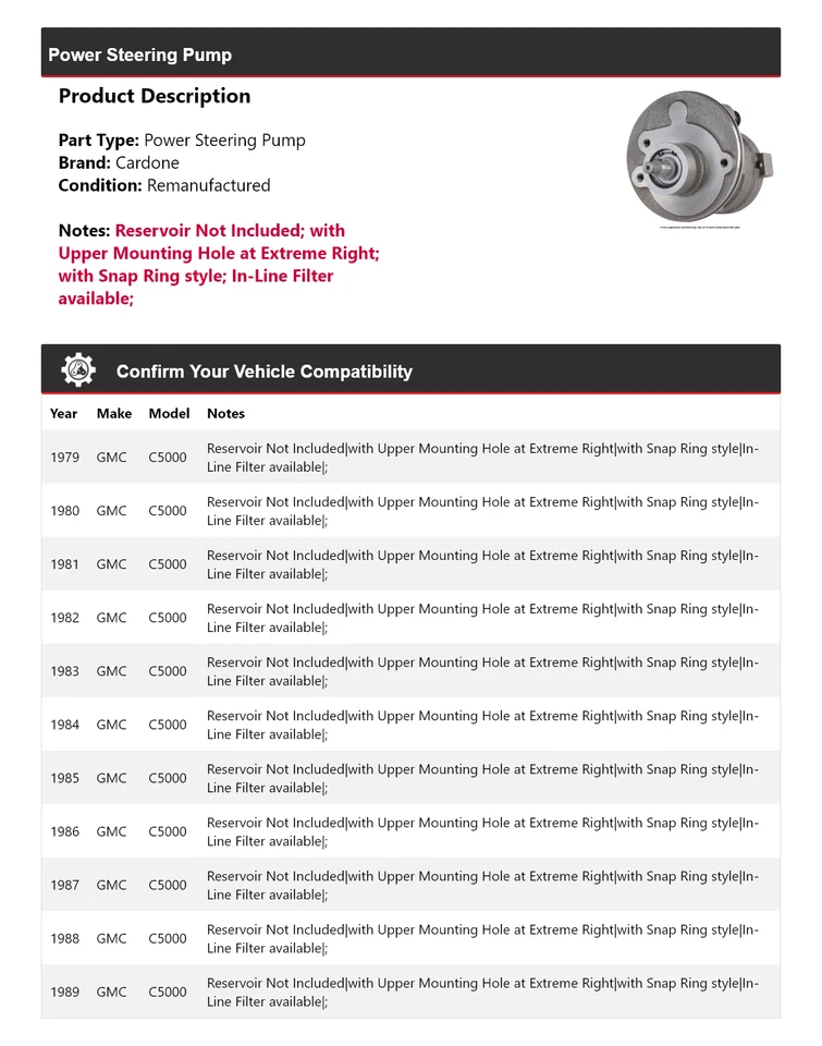 Bomba de dirección asistida Cardone 1980 1981 1982 1983 1984 para GMC C5000 1979-1989 Foto 2 de 4