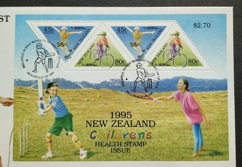 1995 New Zealand Children Health Sports Games Tennis Cricket Cycling MS FDC - Picture 2 of 3