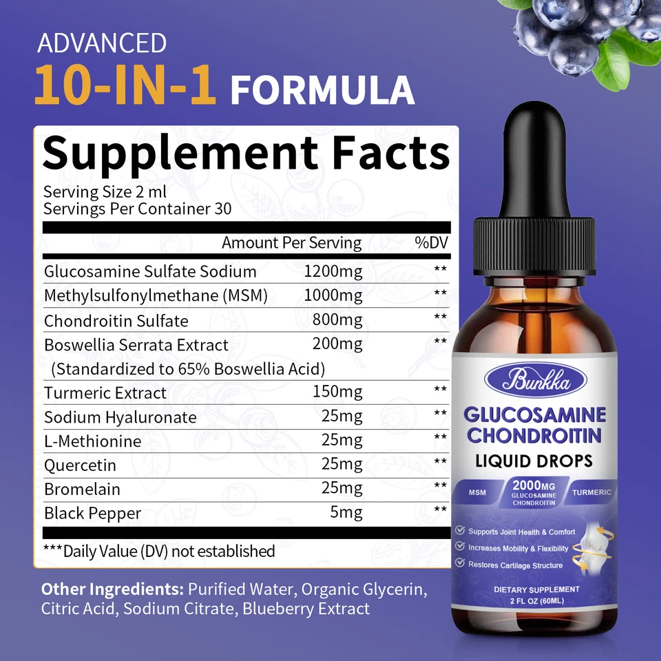 Gotas de glucosamina condroitina 60 ml con bromelina de quercetina de cúrcuma MSM 2 FL OZ Foto 3 de 4