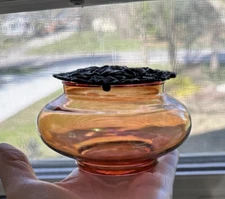 Glass Potpourri Holder Jar Bowl with Metal Lid Cover Pink Amber Iridescent