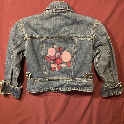 American Girl Jean Jacket Kids Small Denim Zip Pocket Collar Button Cuff Floral