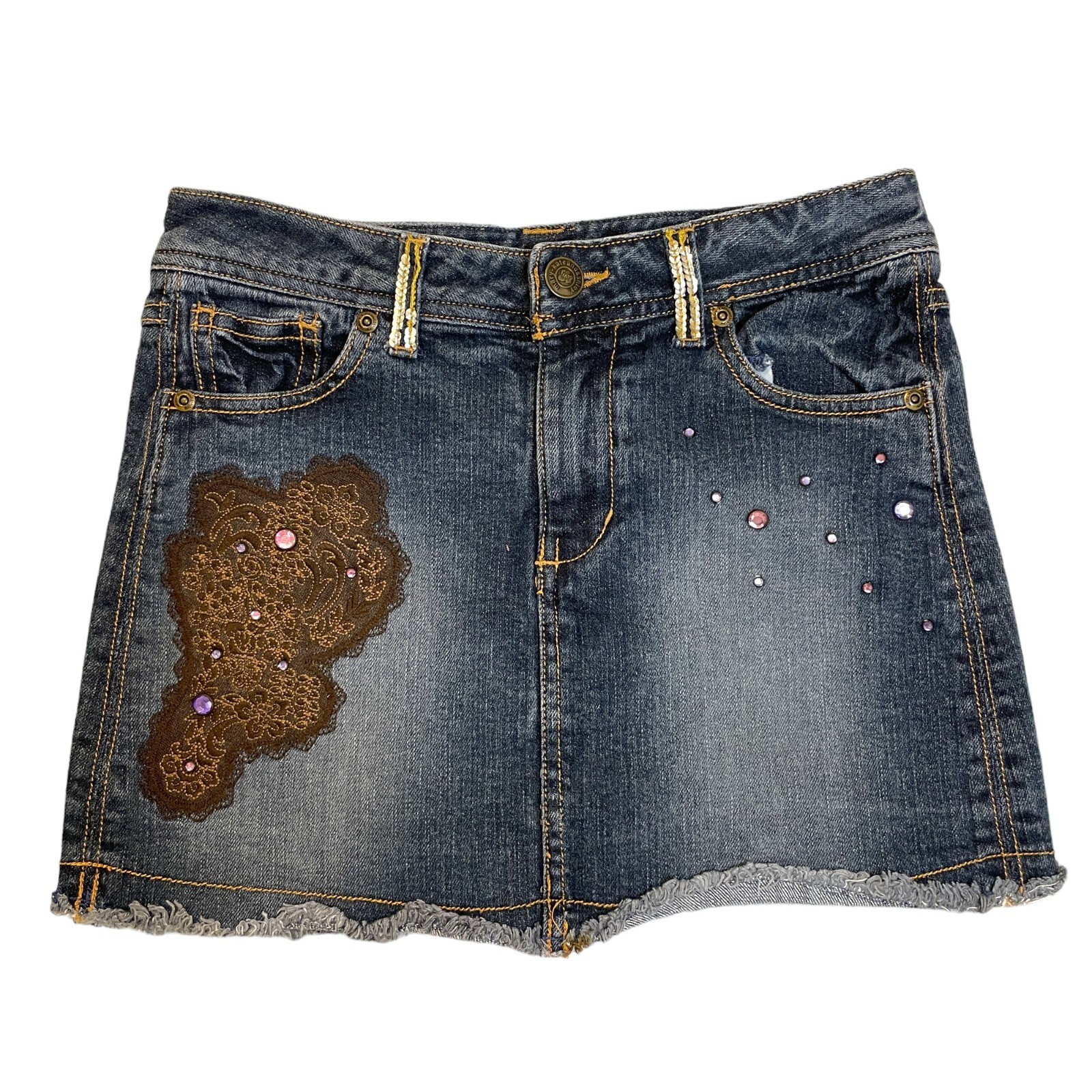 VTG Mary Kate & Ashley Low Rise Denim Mini Skirt Rhinestone McBling Y2K Sz XS