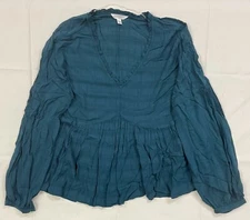 Time and Tru ~ Women's Blue Frilled V-Neck Blouse ~ Women's L (12-14) ~