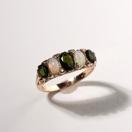 Vintage White Opal Green Tourmaline Victorian Bridge Ring 9ct Gold Size R.5 / 9 - Picture 8 of 12
