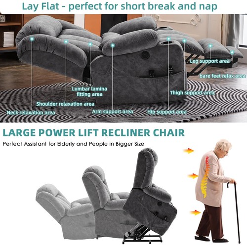 Lay Flat Dual Motor Power Lift Recliner for Elderly Big Tall w/Extended Footrest - Picture 36 of 36