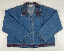 Earth Song Jean Jacket Womens Extra Large Blue Denim Beaded Embroidered Casual
