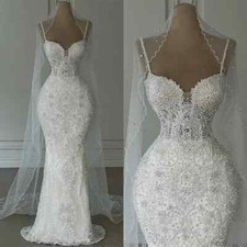 Luxury Mermaid Wedding Dress Spaghetti Straps Pearls Lace Appliques Bridal Gowns
