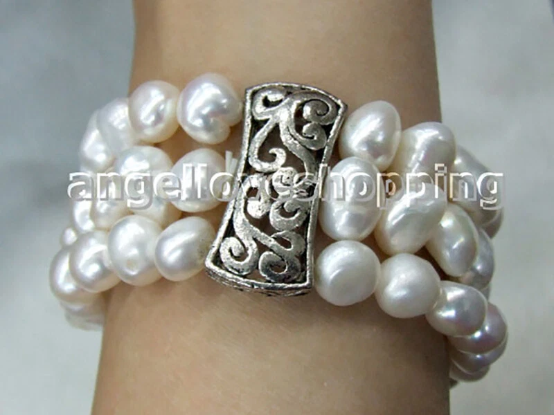 3股纯天然淡水珍珠手链8-9毫米西藏银间隔 — 第 2/4 张图片