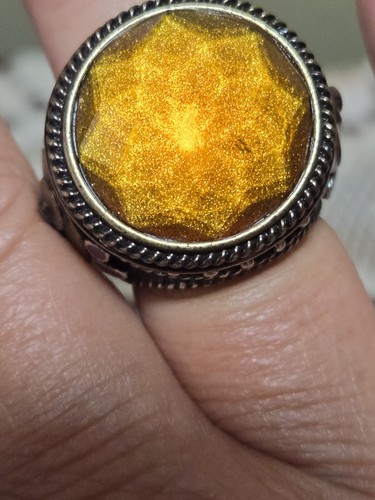 Vtg Hobo Lucky Brand Gold Silver Tone Buddha Ring Sz7 Amber Stone Starburst
