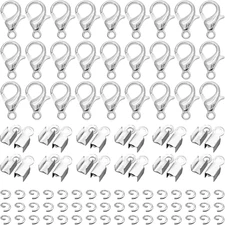 500 Pack Fold Over Cord Ends Kit with Lobster Clasps Jump Rings Crimps for Jewel