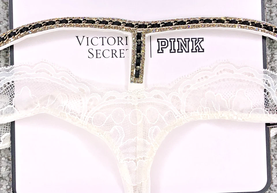 Victoria's Secret Very Sexy NWT Medium White Lace Chain Shine Strap Thong Panty - Image 3 of 4