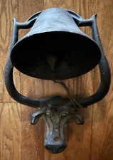 Old Large Cast Iron Dinner Bell Longhorn Bull Cow Steer USA Not Repro 12X8 1/2