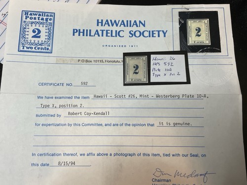 Hawaii 26 unused Plate 10A Type X Pos 2 HPS Cert KSPhilatelics (26HIPXz) - Picture 4 of 8