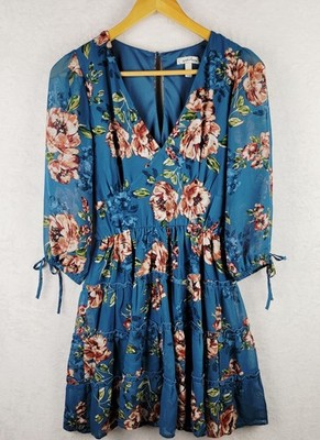 Cottagecore M Dress Knee 3/4 Sleeve Belted Blue Colorful Floral Romantic Casual