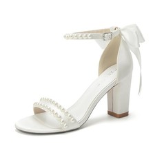 CZEGDLE Women's White Satin Block Heel Sandals with Pearl Embellishments and...