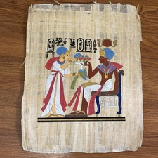 Hand-Painted Egyptian Papyrus Art 16x12.5” Pharaoh & Queen Scene Egypt