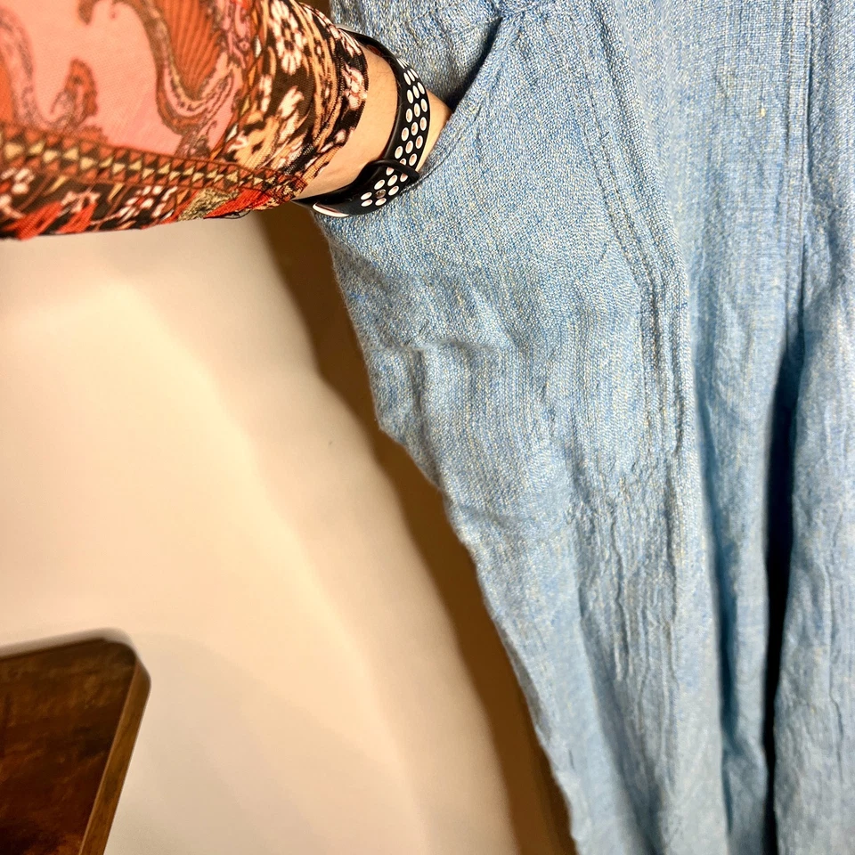 Flax 100% Linen Blue Chambray Oversized Jumpsuit Large Front Pockets Boho Sz S - Image 3 of 4