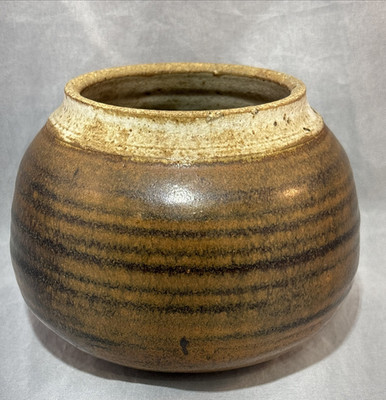 Vintage Studio Pottery Bowl Vessel Brown Beige Rim Stoneware Ceramic