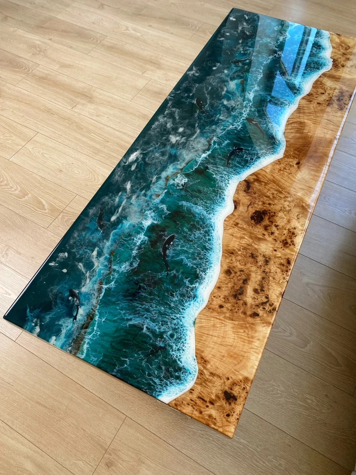 Blue Ocean Epoxy Resin River Table – Modern Live Edge Wood Furniture - Image 2 of 4