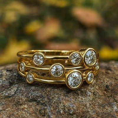 Diamond Bubble Floating Three Row Wedding Ring Women's Band 14K Yellow Gold Over