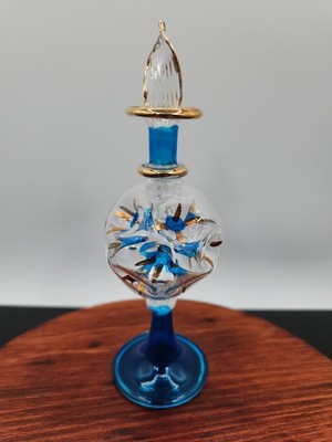 Blue And Gold Hand Blown Perfume Bottle And Applicator
