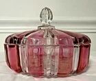 Vintage Anchor Hocking Old Cranberry & Clear Glass Covered Candy Dish 7”