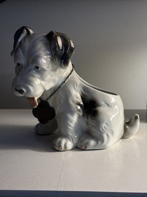 Vintage TERRIER DOG PLANTER POT Black White Puppy Mid-Century MORI YAME JAPAN
