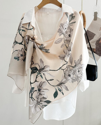 100% Silk Mulberry 170X53cm Scarf Women Neckerchief Wrap Grey Lily Print new