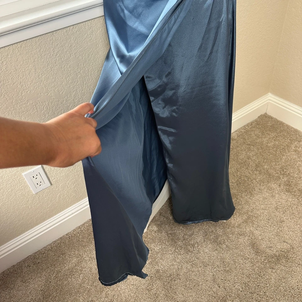 NWT Galina Signature Formal Dress 14 Blue Satin Long Faux Wrap Ruched Elegant - Image 4 of 4