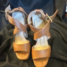 Women  s Brown Faux Leather Strappy Ankle Strap Buckle Block Heel Sandals 6