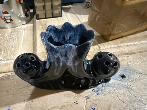 Vintage MCM Signed Anna Van Briggle Blue Toned Flower Frog Beautifully Crafted