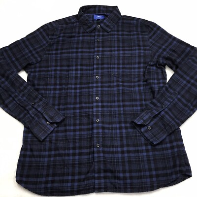 APT 9 Slim Fit Soft Touch Flannel Shirt Men L Blue Black Check Plaid Dark Grunge