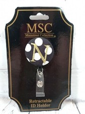 Polka Dot ID Badge Retractable Holder Personalized Initial "N" Black White Gold