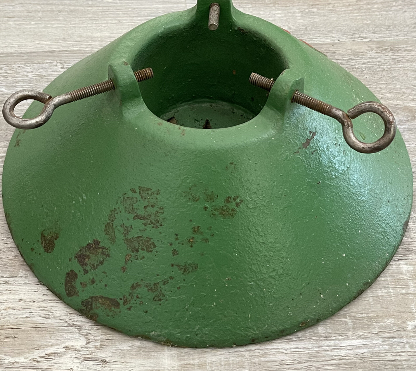 Cast Iron Christmas Tree Stand Vtg Red & Green Seasons Greetings