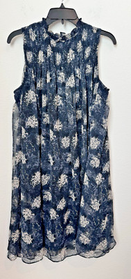 Joie Women's Blue Floral Sleeveless Shift Dress Lined Smocked Ruffle Neck Medium