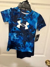 NWT 2pc Under Armour Black / Blue Camouflage Logo Shirt Shorts Set sz 4