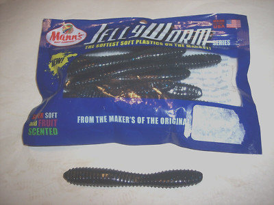 Manns 4'' Jelly Worm Black Plastic Worm Bass Fishing Lure 15-Pack Discontinued