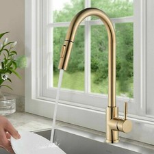 Brushed Gold Swivel Kitchen Sink Faucet Pull Out Sprayer Single Handle Mixer Tap