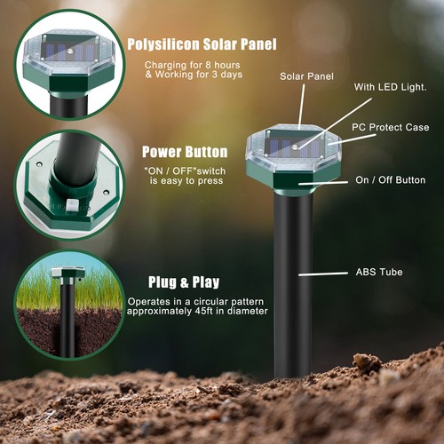 Mole Repellent Ultrasonic Solar Powered LED Animal Repellent for Outdoor Lawn US - Picture 39 of 58