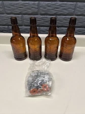 Set Of 4 ~ Vintage Embossed EZ Cap Wheat Beer Bottle ~ Amber Glass BRAND NEW! 2B
