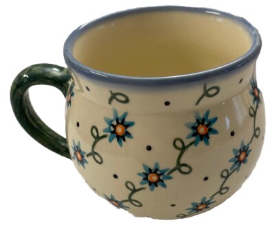 NEW Polish Pottery Medium Belly Mug WIZA Flowers In Knots 4 X 4 Coffee Mug