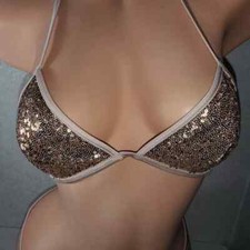 S VICTORIA'S SECRET Gold Sequin Goldtone VS Logo Charms Triangle Bikini Top