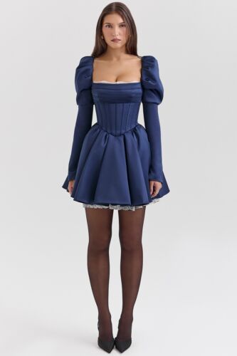 HOUSE OF CB 'Venetia'Midnight Satin Puff Sleeve Mini Dress/Size L-US 8-10/PA2088