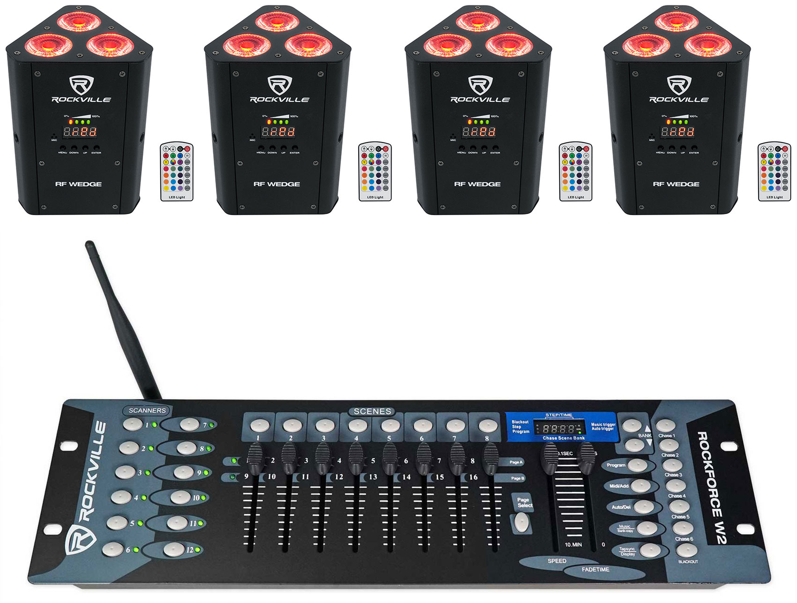 (4) Rockville RF WEDGE BLACK RGBWA + УФ-батарея, Беспроводное освещение DMX Up + контроллер
