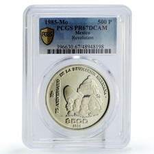 Moneda de plata México 500 pesos Revolución 1910 75 aniversario PR67 PCGS 1985