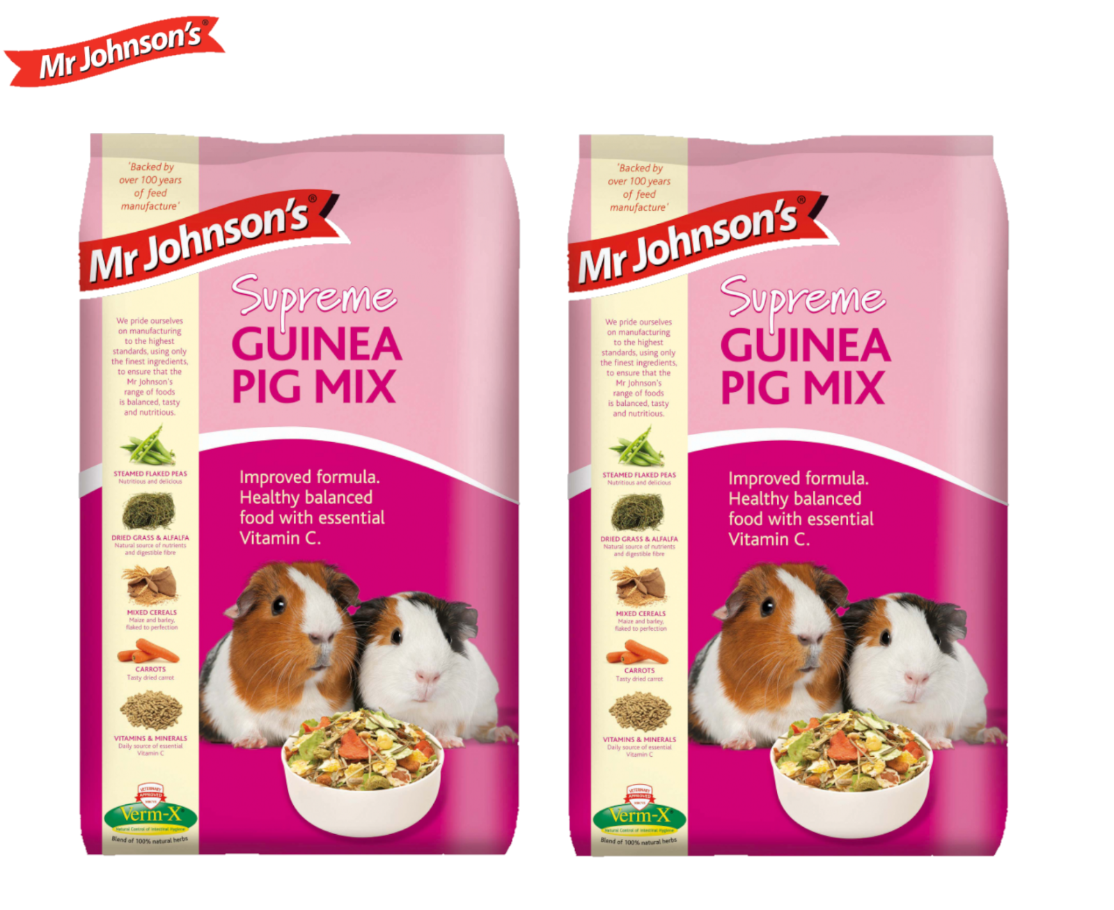 2X MR JOHNSONS SUPREME GUINEA PIG MIX FOOD SMALL ANIMAL DIET WITH VERM-X 2.25KG