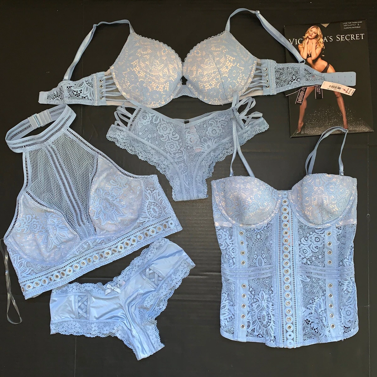 Victoria's Secret 34C Reggiseno Set +Mutandine +Corsetto Corpetto Celeste