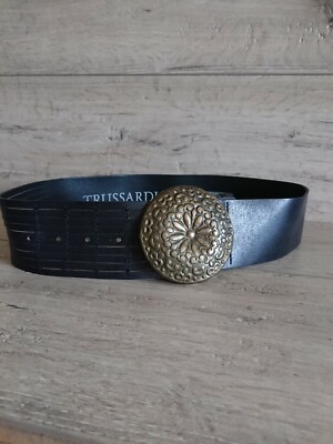 Trussardi Sport Vintage Wide Leather Belt With Buckle Floral Print Black 65-85cm