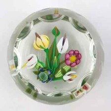 Perthshire 1990F Large Bouquet 3D Lampwork Flowers Faceted Clear Paperweight