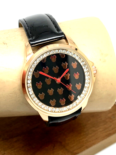 Disney Minnie Mouse Women's Watch MN1618 Quartz Gemmed Black Leather Strap 37mm - Picture 10 of 13